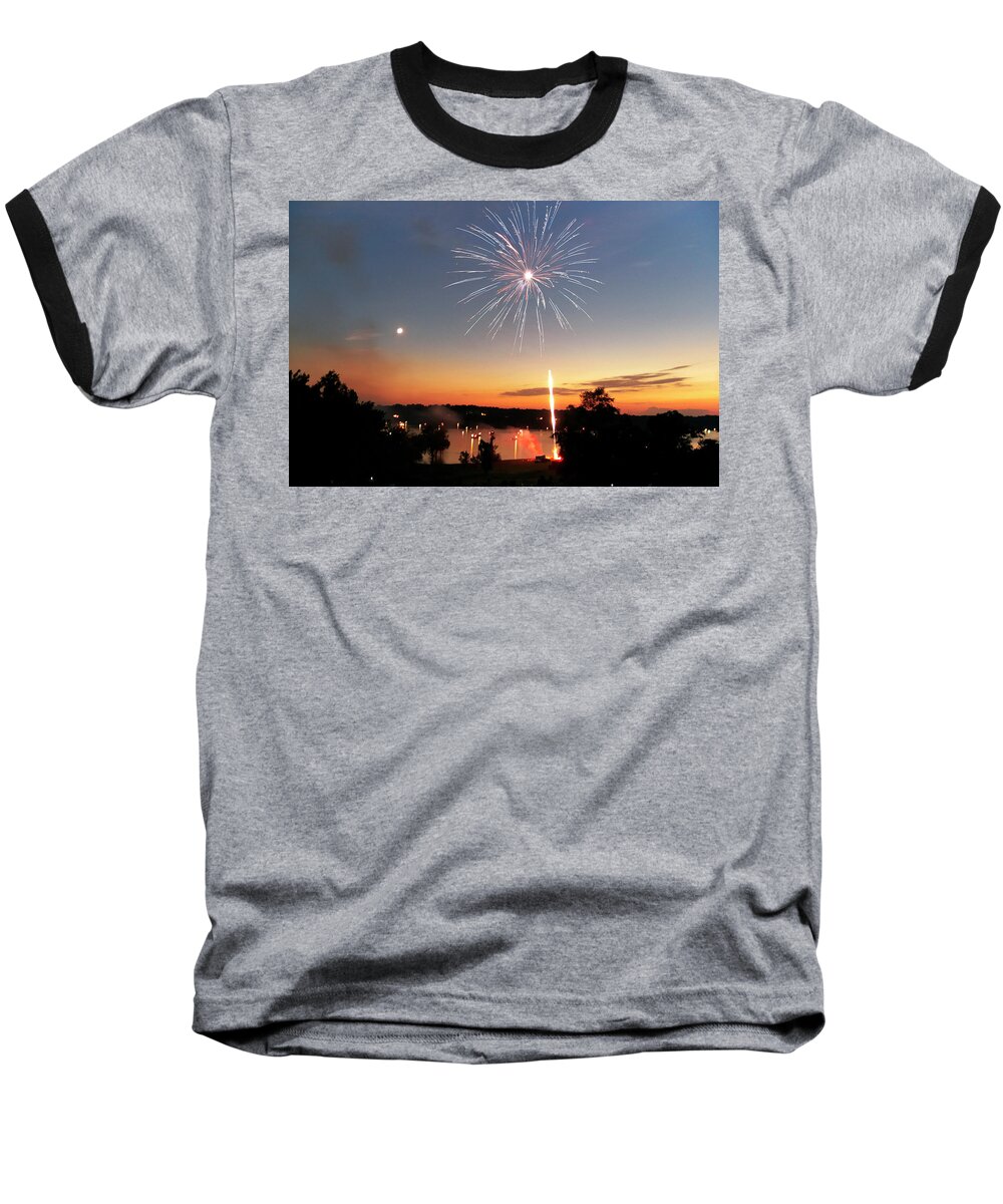 Fireworks Baseball T-Shirt featuring the photograph Fireworks and Sunset by Amber Flowers