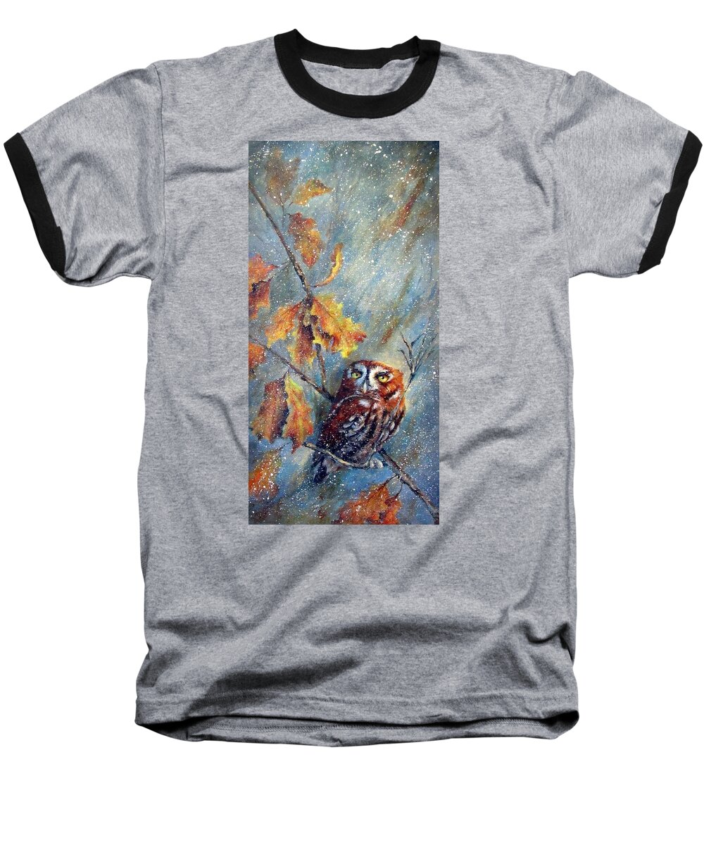 Owl Baseball T-Shirt featuring the painting First Flurries by Mary McCullah