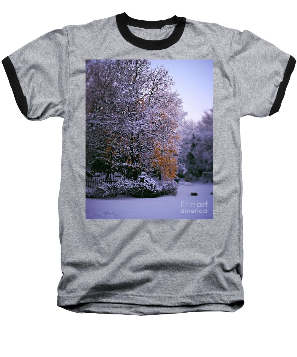 Gold Leaves Baseball T-Shirt featuring the photograph First Snow After Autumn by Frank J Casella