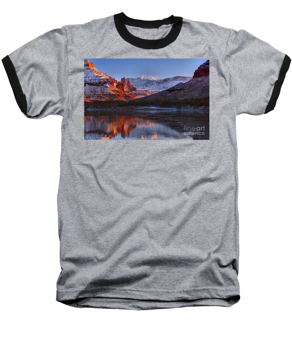Fisher Towers Baseball T-Shirt featuring the photograph Fisher Towers Glowing Reflections by Adam Jewell