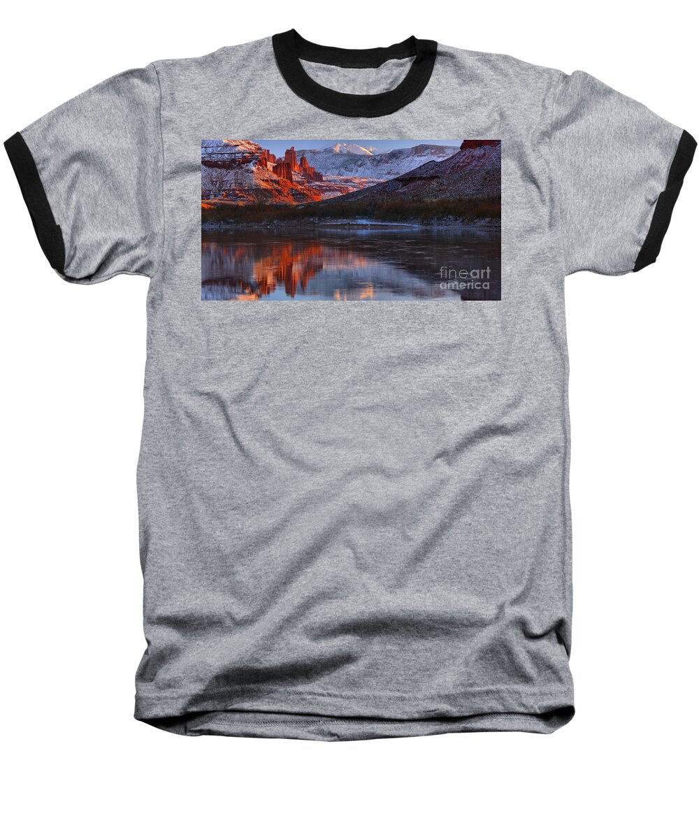 Fisher Towers Baseball T-Shirt featuring the photograph FIsher Towers Sunset Reflection Panorama by Adam Jewell