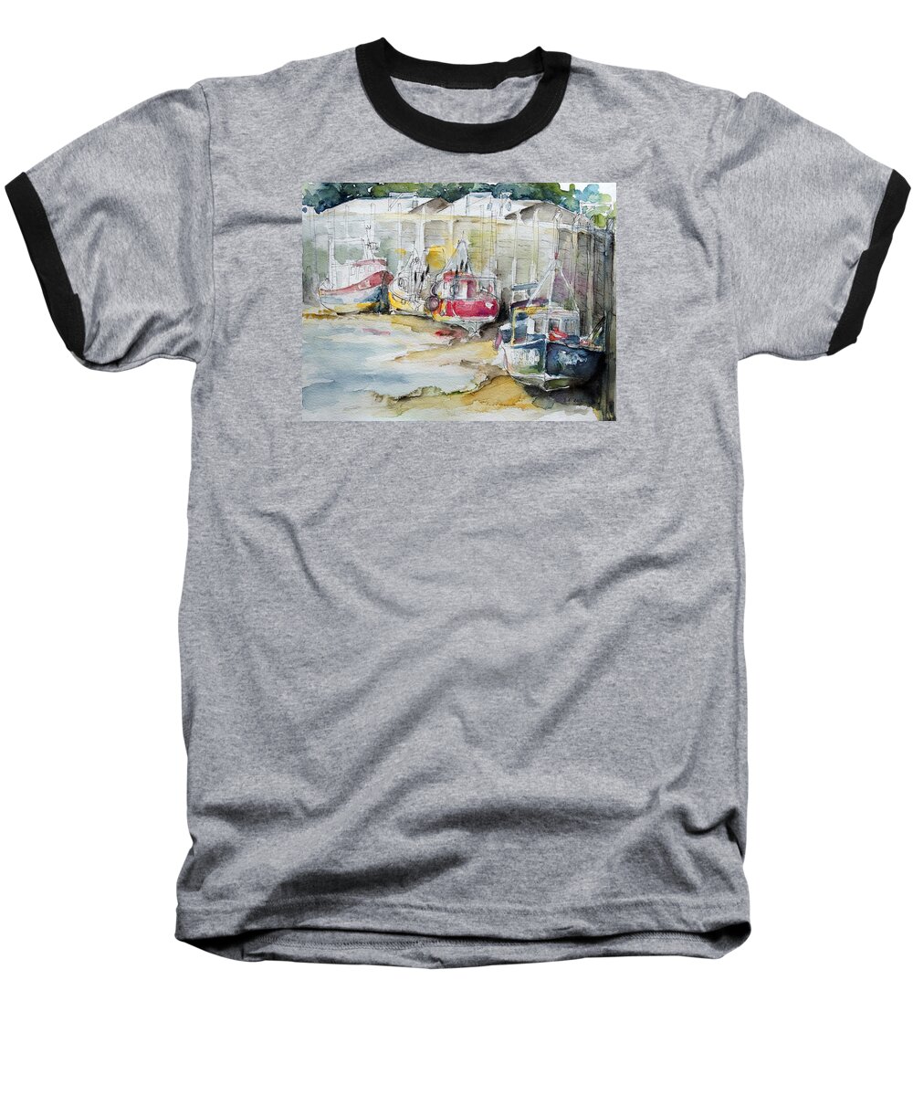 Summer Baseball T-Shirt featuring the painting Fishing Boats Settled Aground During Ebb Tide by Barbara Pommerenke