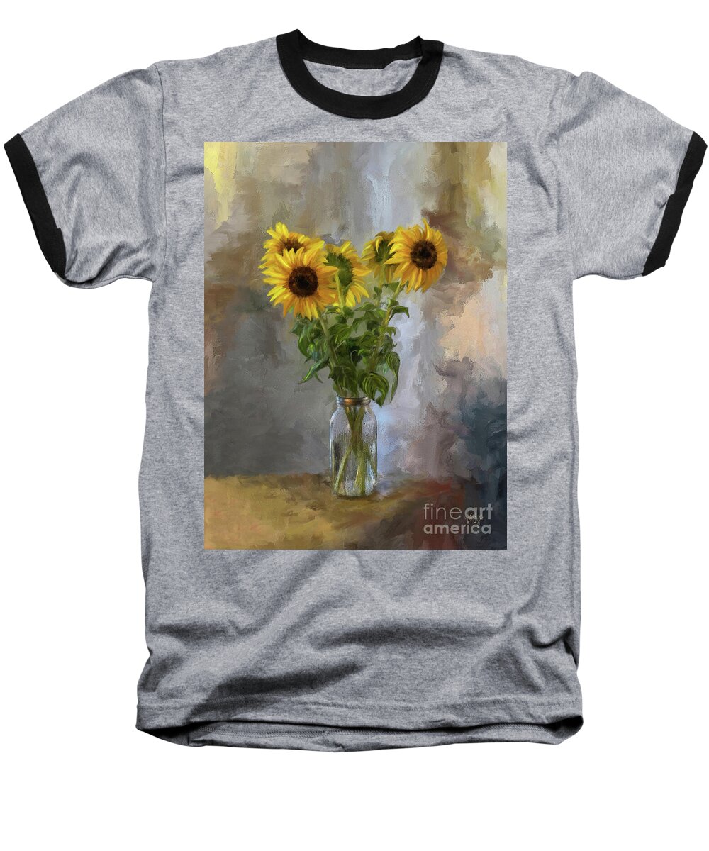 Sunflower Baseball T-Shirt featuring the digital art Five Sunflowers Centered by Lois Bryan