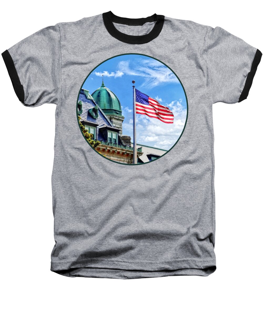 Tecumseh Court Baseball T-Shirt featuring the photograph Flag Flying Over Tecumseh Court by Susan Savad