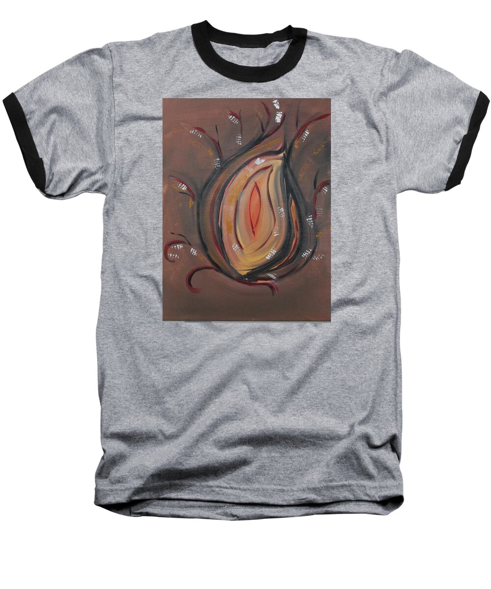 Flame Intensity Strength Power Boldness Rebirth Umber Red Black White Yellow Baseball T-Shirt featuring the painting Flame by Sharyn Winters