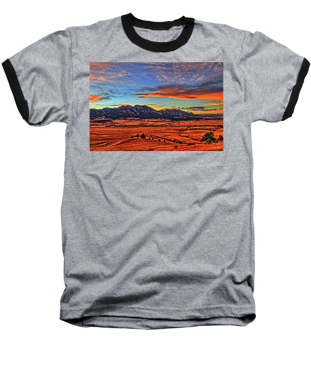 Colorado Baseball T-Shirt featuring the photograph Flatiron Sunset Fire Red by Scott Mahon