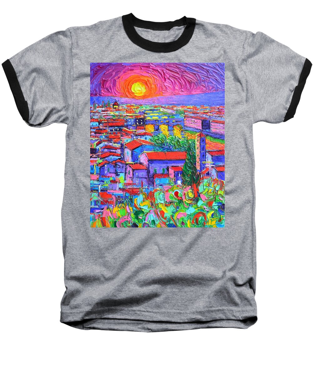 Florence Baseball T-Shirt featuring the painting FLORENCE SUNSET OVER PONTE VECCHIO abstract city impressionism knife oil painting Ana Maria Edulescu by Ana Maria Edulescu