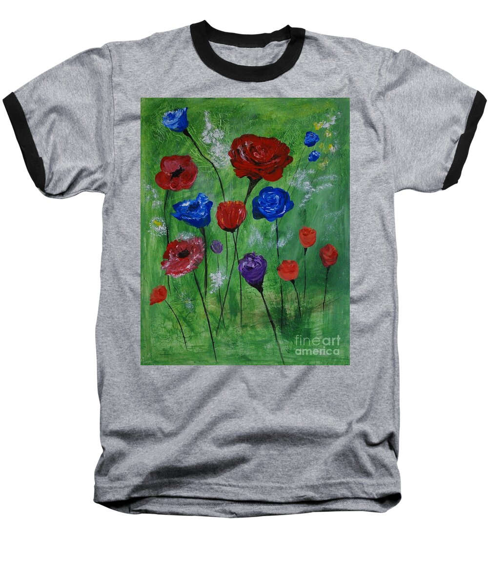 Poppy Baseball T-Shirt featuring the painting Flower Magic by Leslie Allen