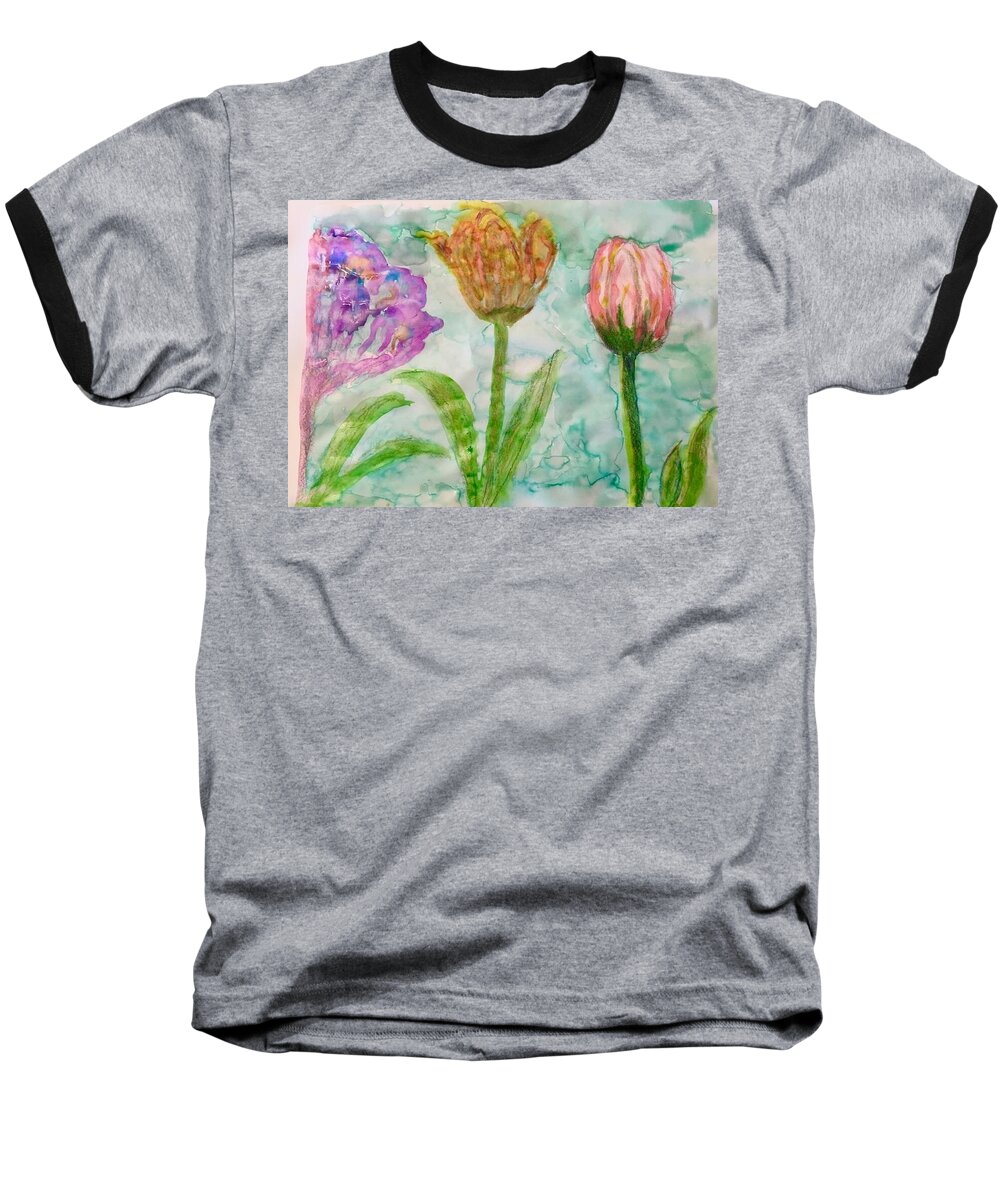 Watercolor Print Baseball T-Shirt featuring the painting Tulips a'bloom by Dottie Visker