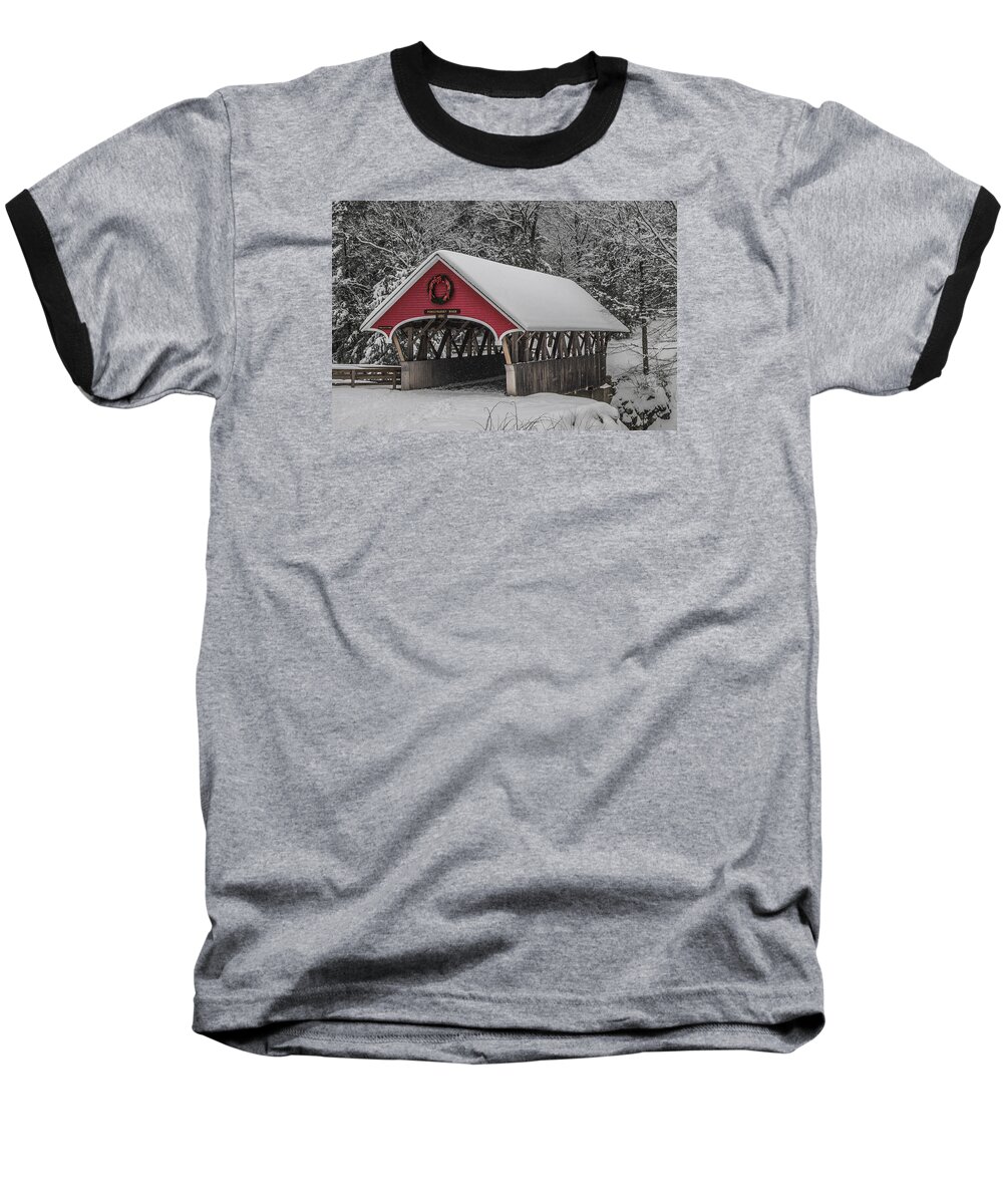 Flume Baseball T-Shirt featuring the photograph Flume Covered Bridge in Winter by White Mountain Images