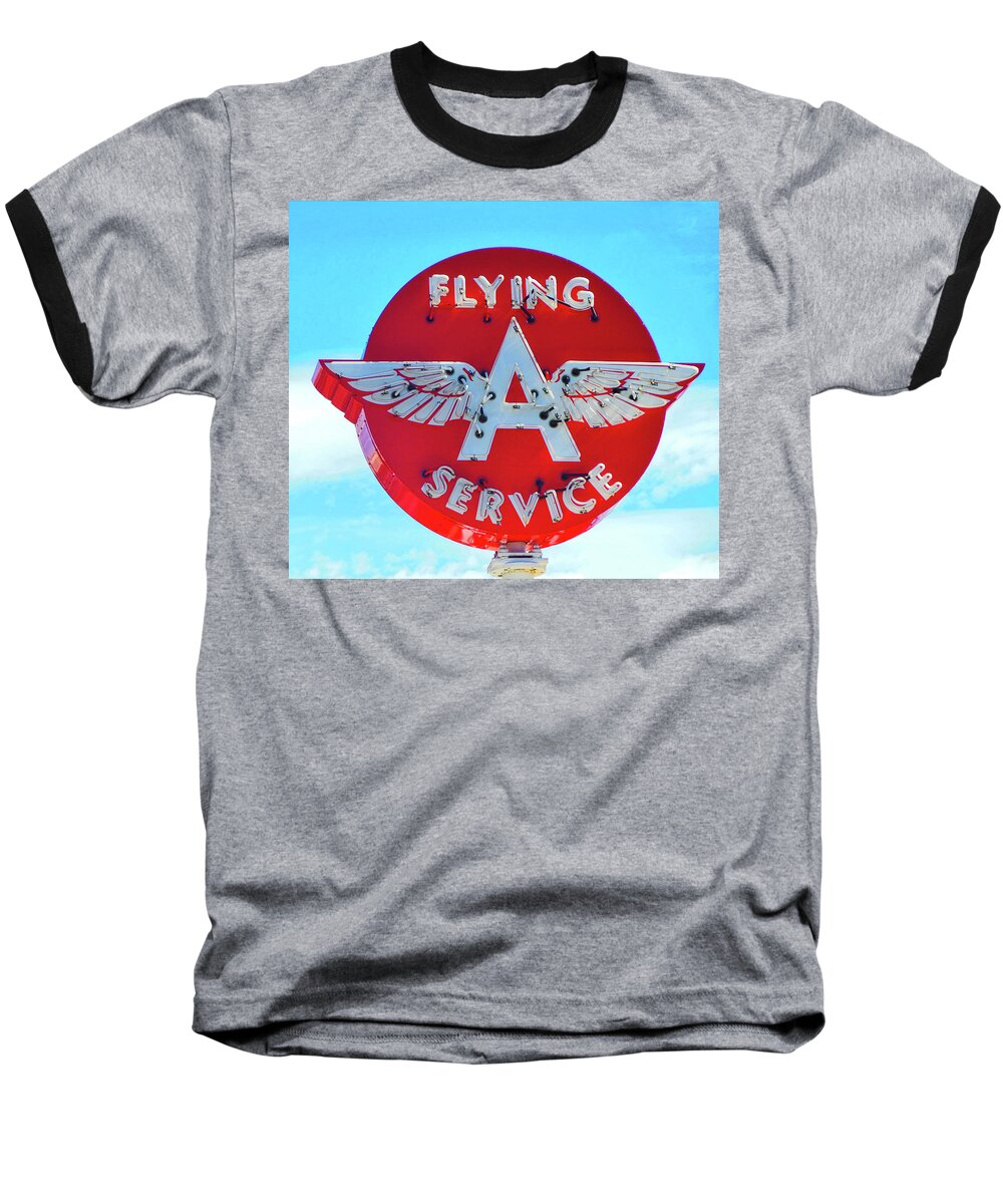 Flying A Service Sign On Top Of Gas Station Baseball T-Shirt featuring the photograph Flying A Service Sign by Joan Reese