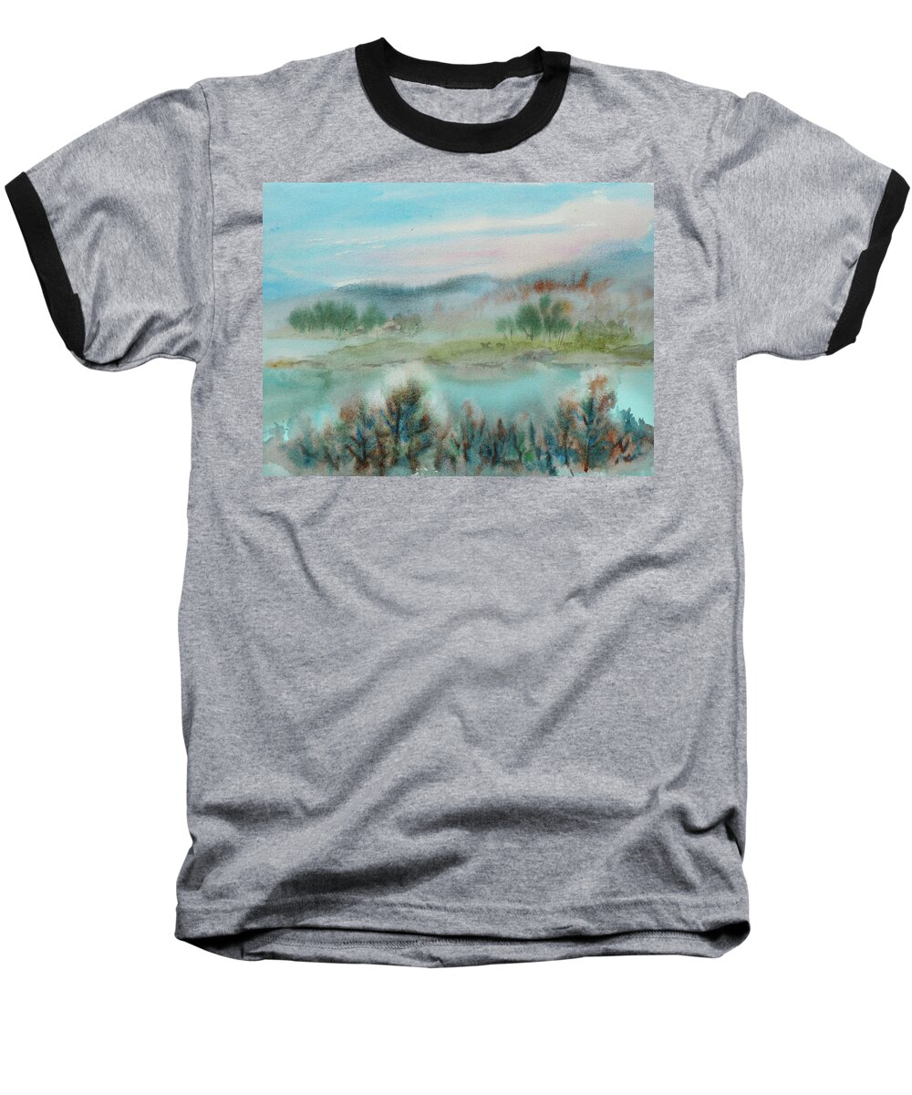 Landscape Baseball T-Shirt featuring the painting Foggy Morning by Xueling Zou