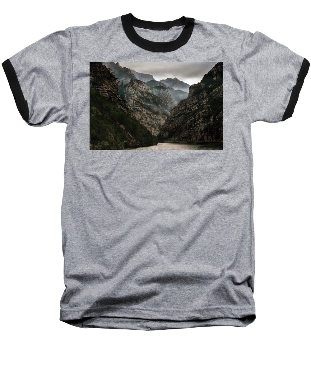 Outdoor Baseball T-Shirt featuring the photograph Foggy mountains over Neretva gorge by Jaroslaw Blaminsky