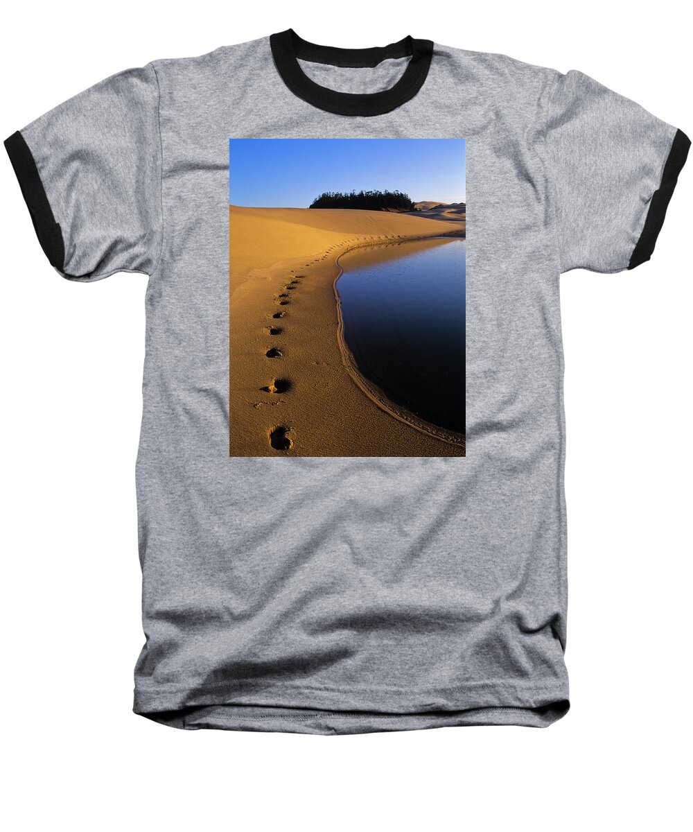 Dunes Baseball T-Shirt featuring the photograph Footprints in the Sand by Robert Potts