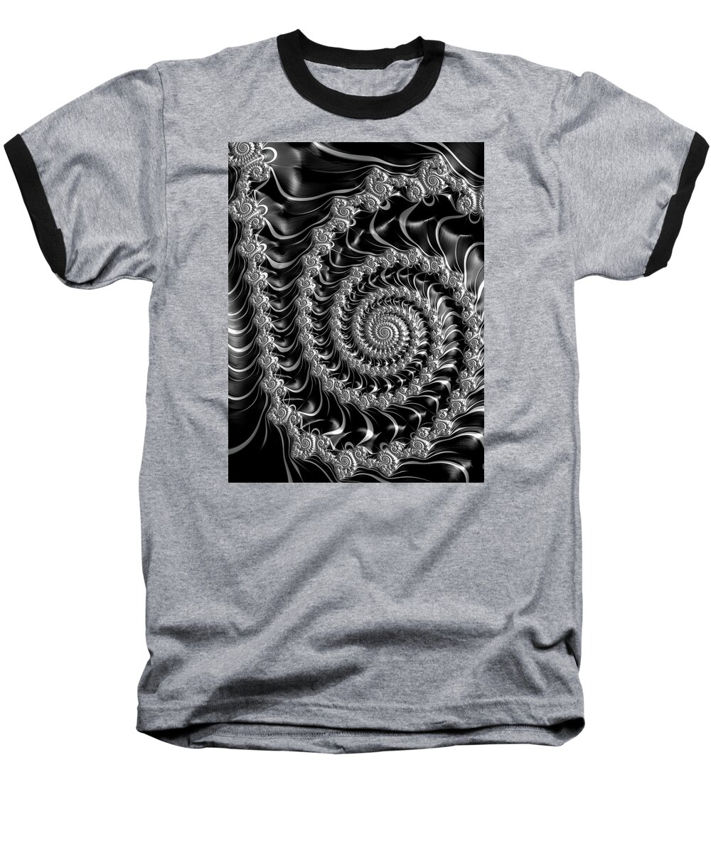 Spirals Baseball T-Shirt featuring the digital art Fractal spiral gray silver black steampunk style by Matthias Hauser