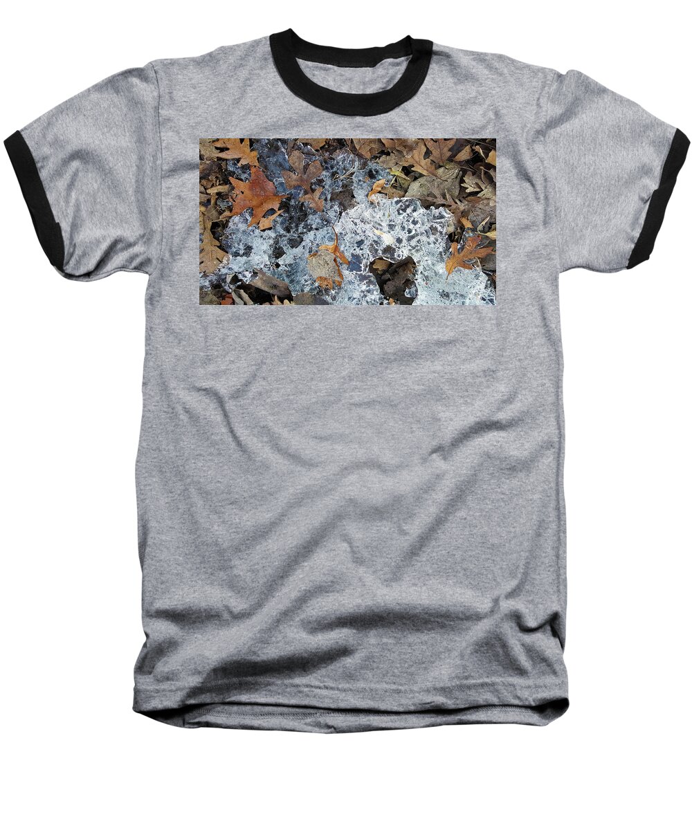 Winter Baseball T-Shirt featuring the photograph Fractured Ice Among Fall Leaves by Lynn Hansen