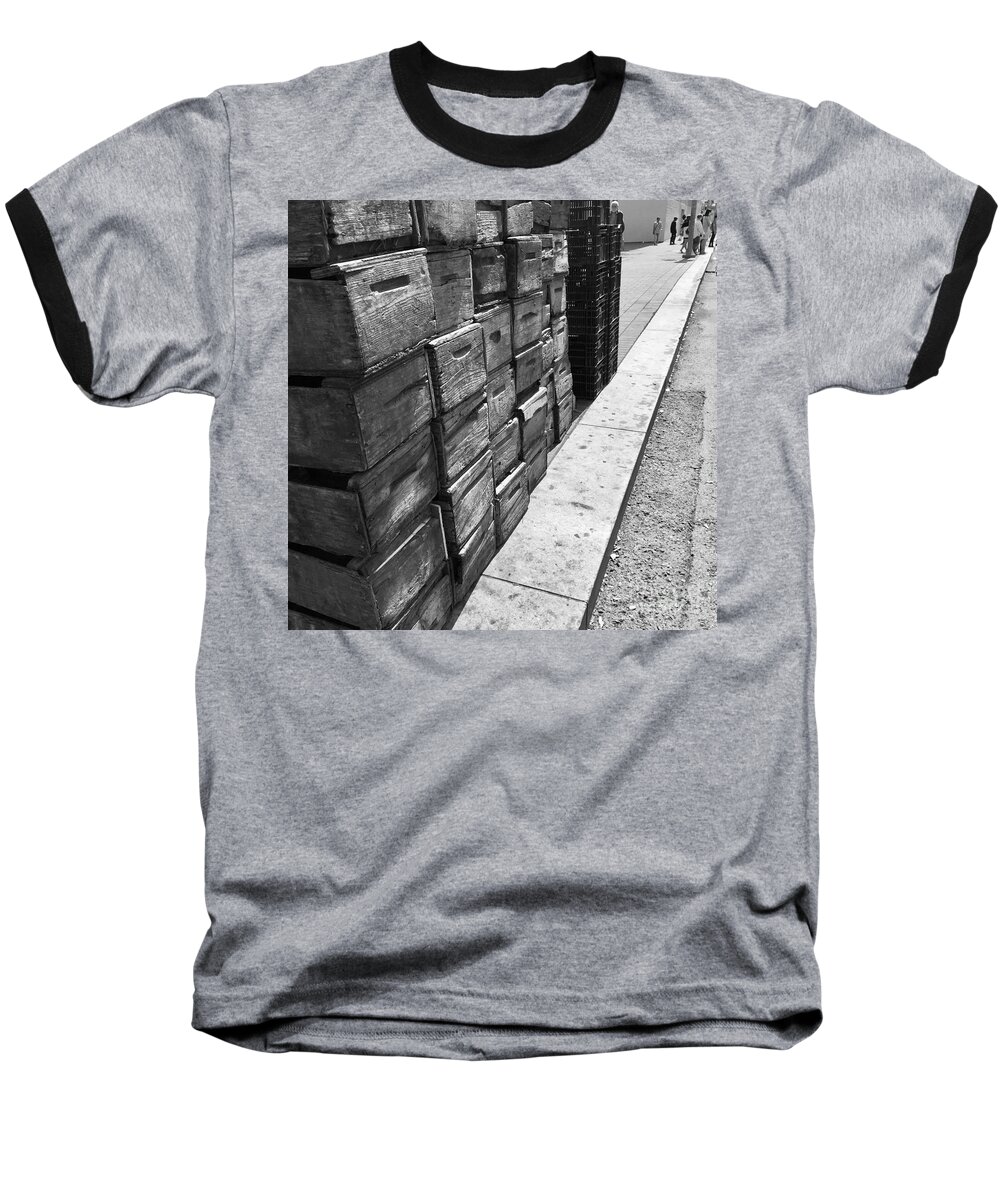 Black And White Composition Street Dynamic Baseball T-Shirt featuring the photograph Farmers Market 1-8 by J Doyne Miller