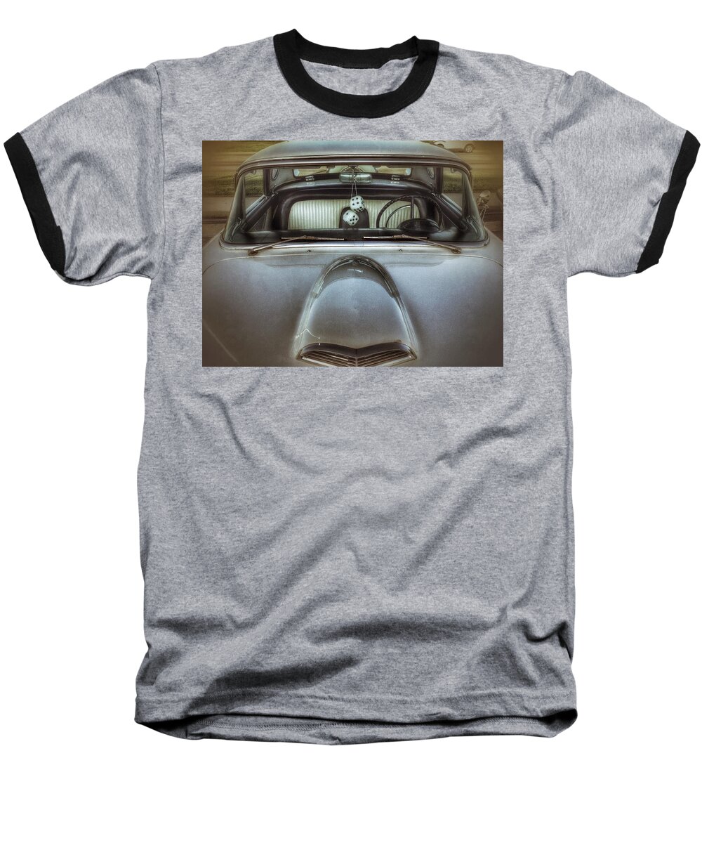 Wall Art Poster Blackandwhite Bw Bnw Black White Car Automotive Mobile Travel Road Classic Old Antique Thunderbird Ford Dreamy Roadshow Carshow Dice Window Front Mirror Steering Wheel Hood Dark Baseball T-Shirt featuring the photograph Fred Tthunderbird front 1 by Andrew Rhine