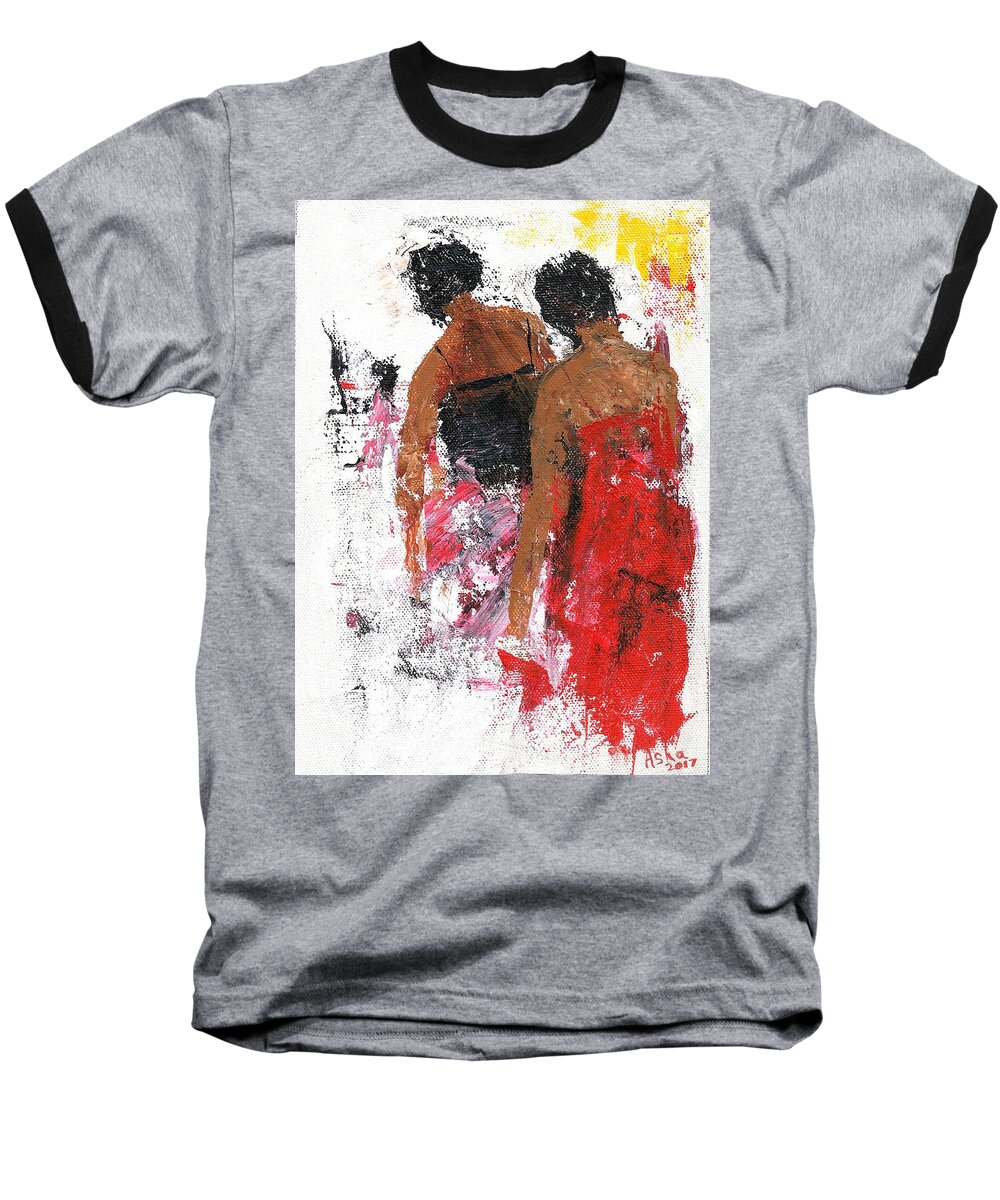 Two Women Baseball T-Shirt featuring the painting Friends by Asha Sudhaker Shenoy