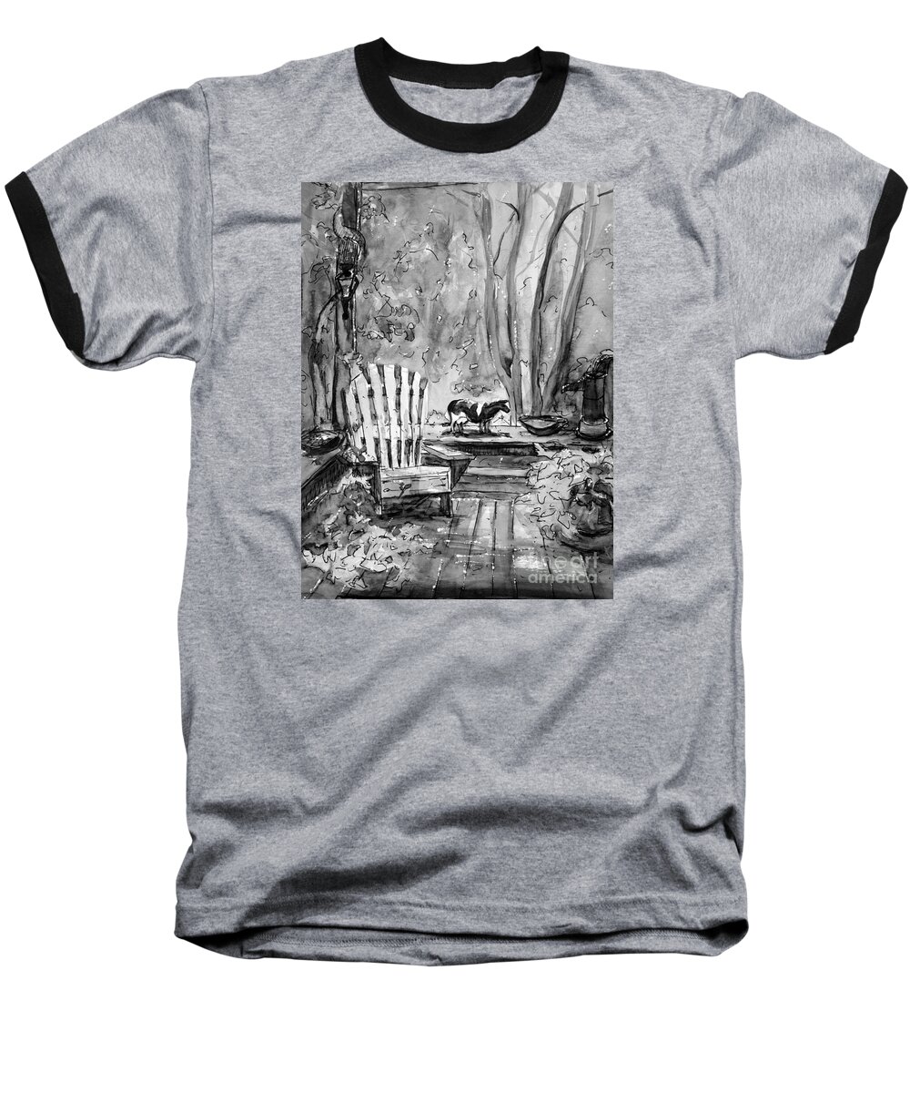 Black & White Baseball T-Shirt featuring the painting Front Deck BW by Gretchen Allen