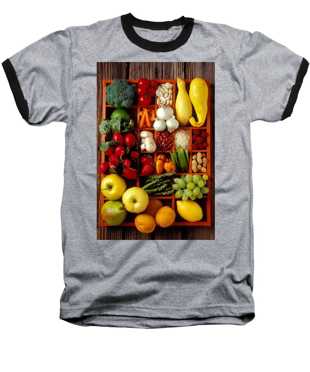 Fruits Vegetables Apples Grapes Compartments Baseball T-Shirt featuring the photograph Fruits and vegetables in compartments by Garry Gay