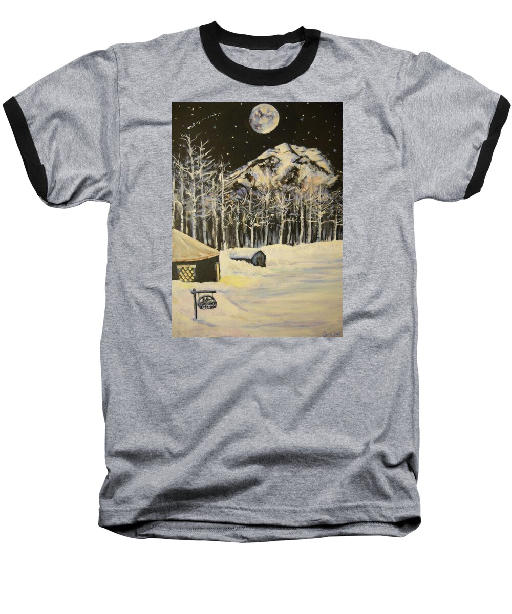 Moon Baseball T-Shirt featuring the painting Full Moon at the Sundance Nordic Center by Cami Lee