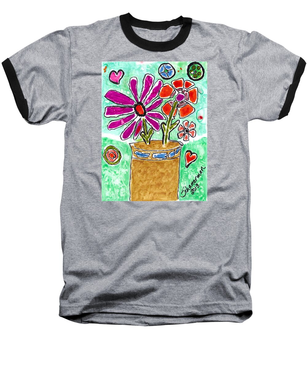 Watercolor Baseball T-Shirt featuring the painting Funky Flowers by Susan Schanerman
