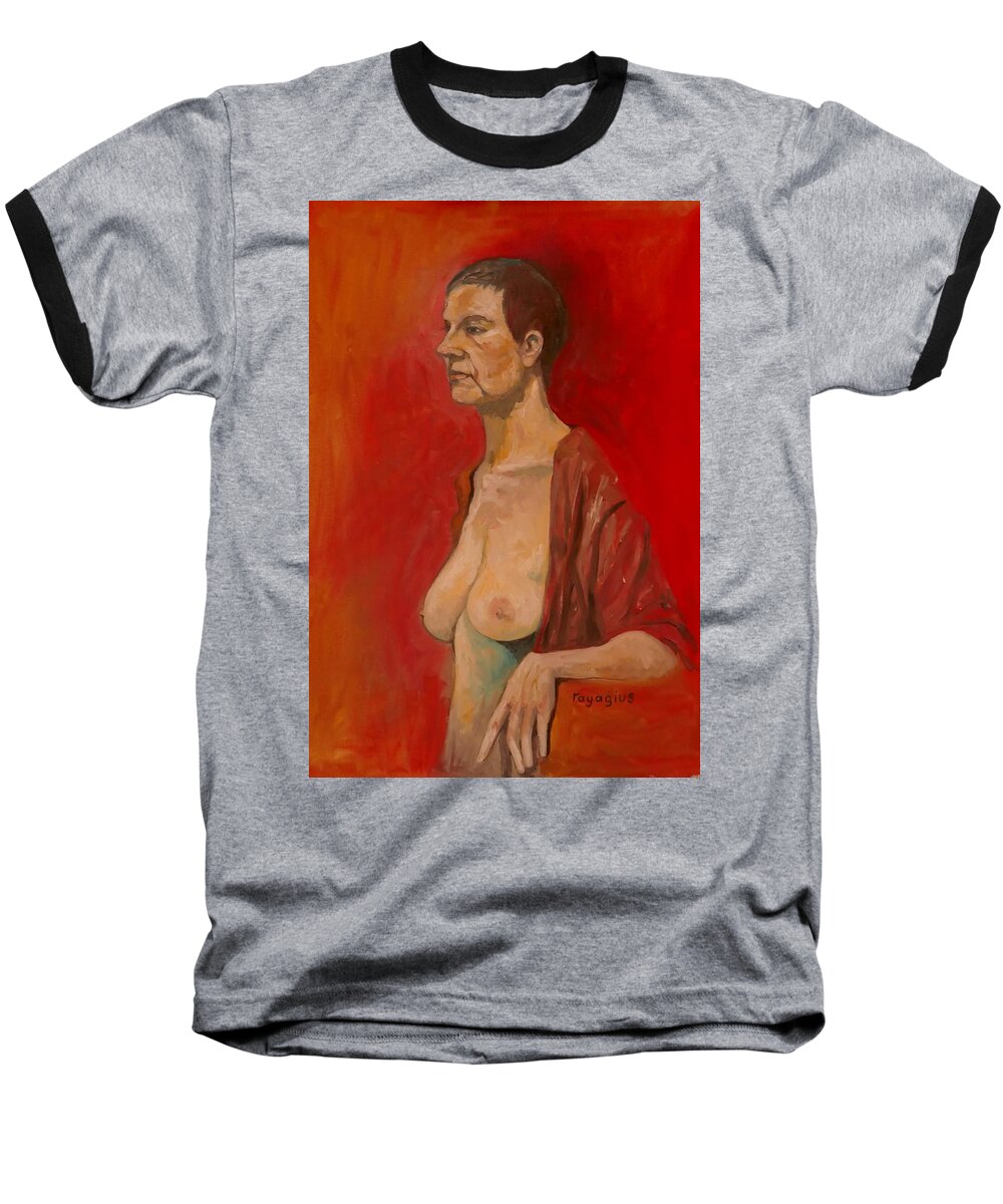 Female Baseball T-Shirt featuring the painting Gabrielle standing by Ray Agius