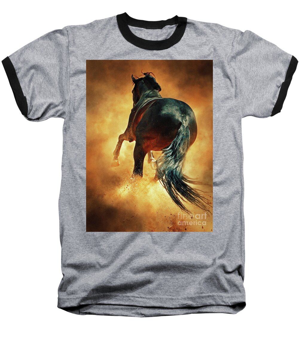 Horse Baseball T-Shirt featuring the photograph Galloping horse in fire dust by Dimitar Hristov