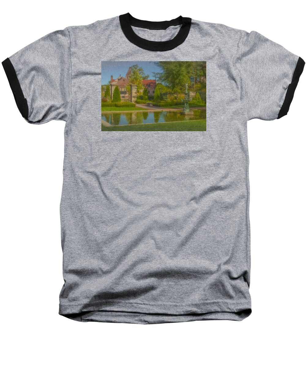 Garden Baseball T-Shirt featuring the painting Garden Fountain at Ames Free Library by Bill McEntee