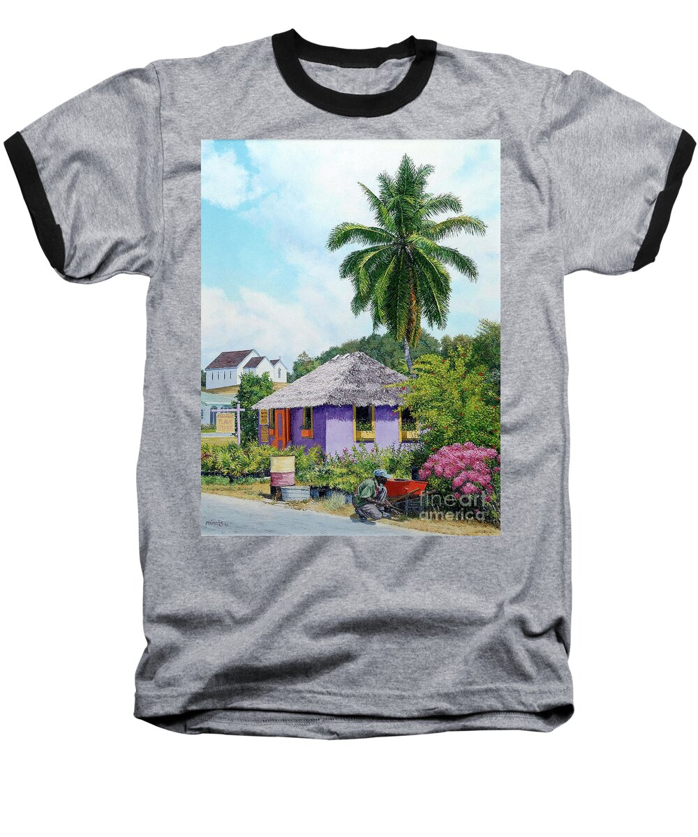 Eddie Baseball T-Shirt featuring the painting Gardener Hut by Eddie Minnis