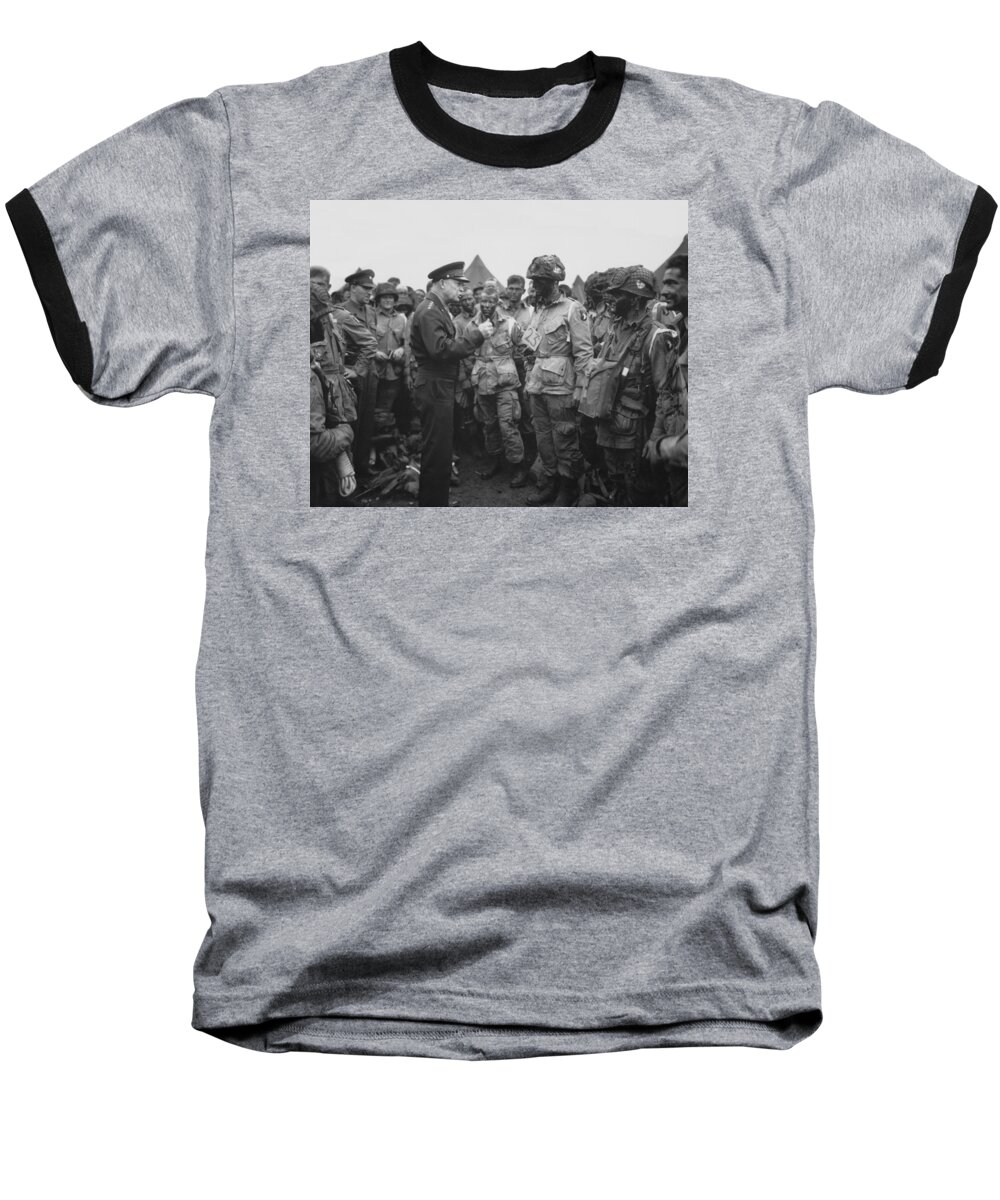 101st Airborne Division Baseball T-Shirt featuring the photograph General Eisenhower on D-Day by War Is Hell Store