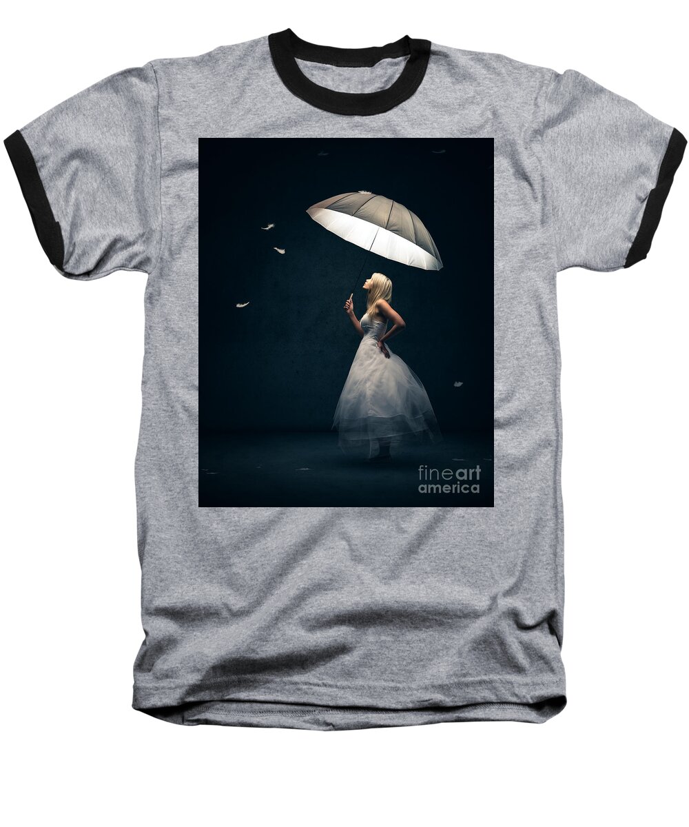 Girl Baseball T-Shirt featuring the photograph Girl with umbrella and falling feathers by Johan Swanepoel