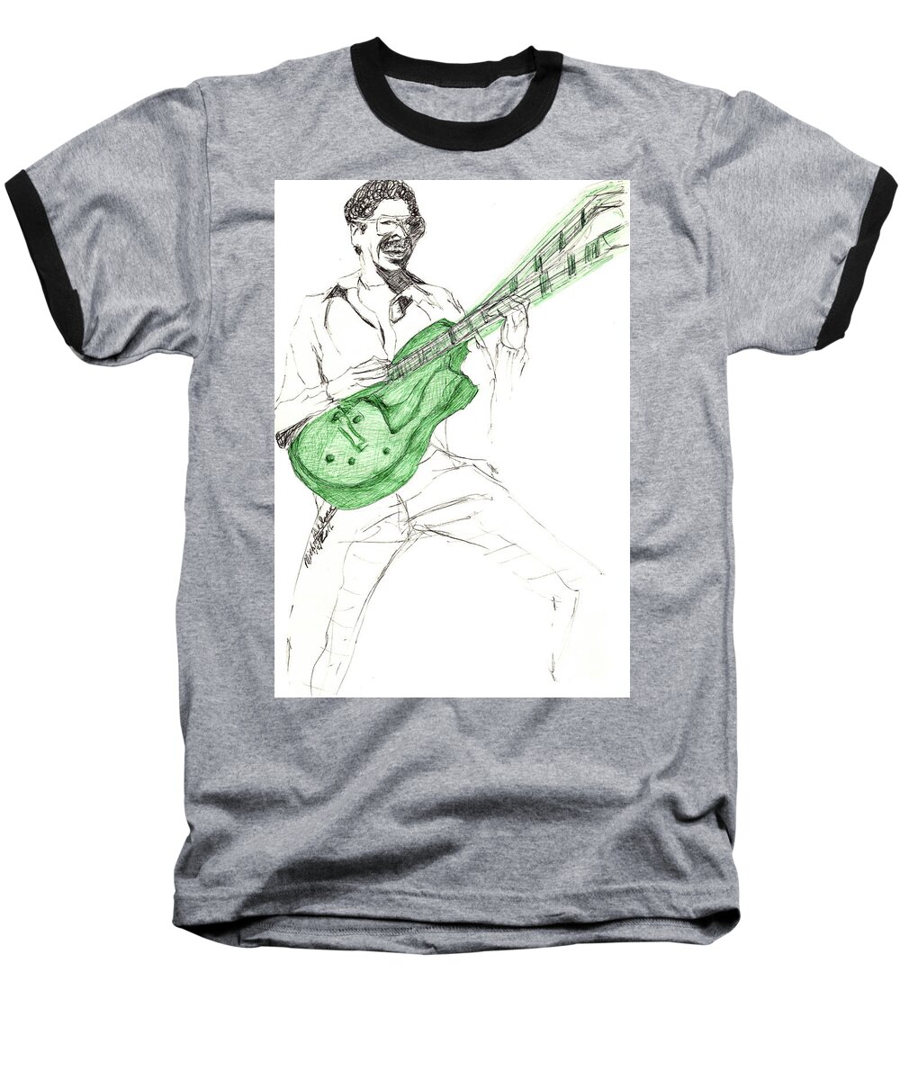 George Johnson Baseball T-Shirt featuring the drawing GJ Guitar by Michelle Gilmore