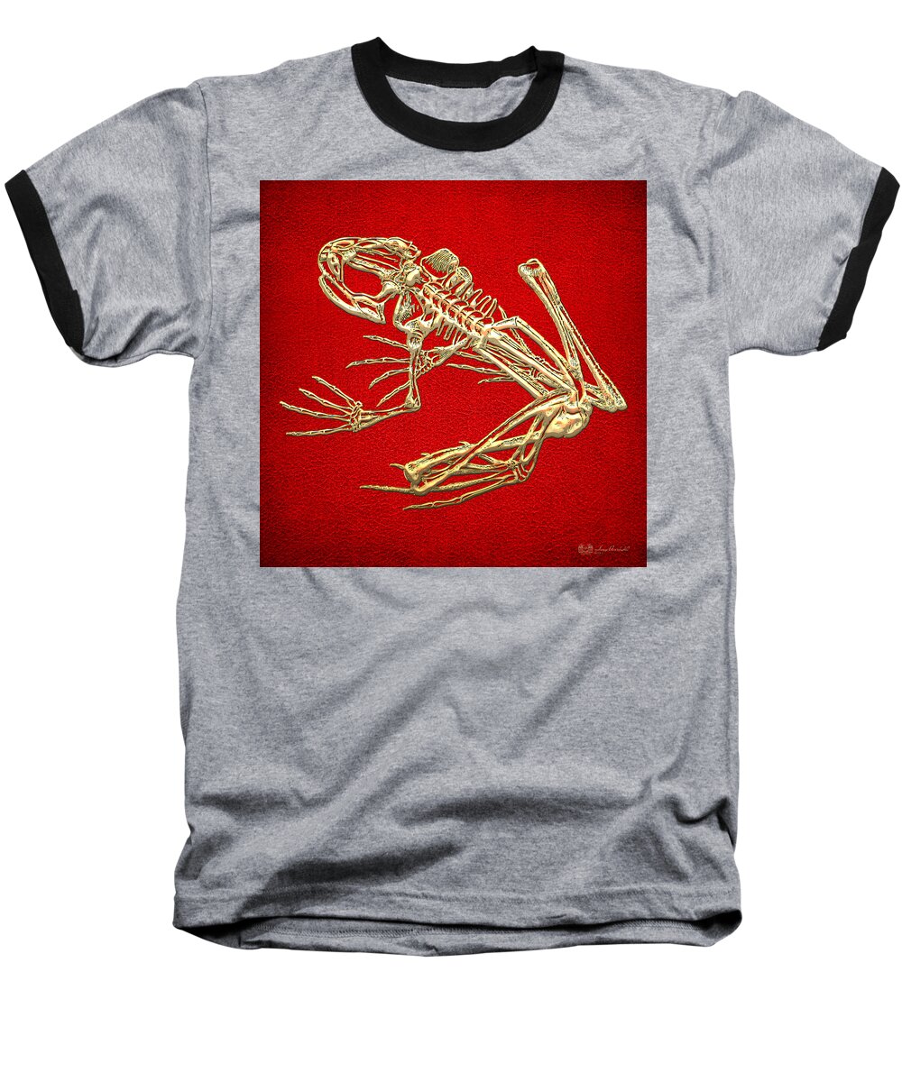 Precious Bones By Serge Averbukh Baseball T-Shirt featuring the photograph Gold Frog Skeleton On Red Leather by Serge Averbukh