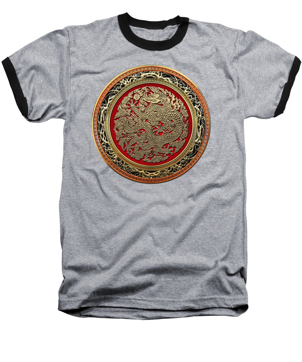 'treasure Trove' By Serge Averbukh Baseball T-Shirt featuring the digital art Golden Chinese Dragon on Red Velvet by Serge Averbukh