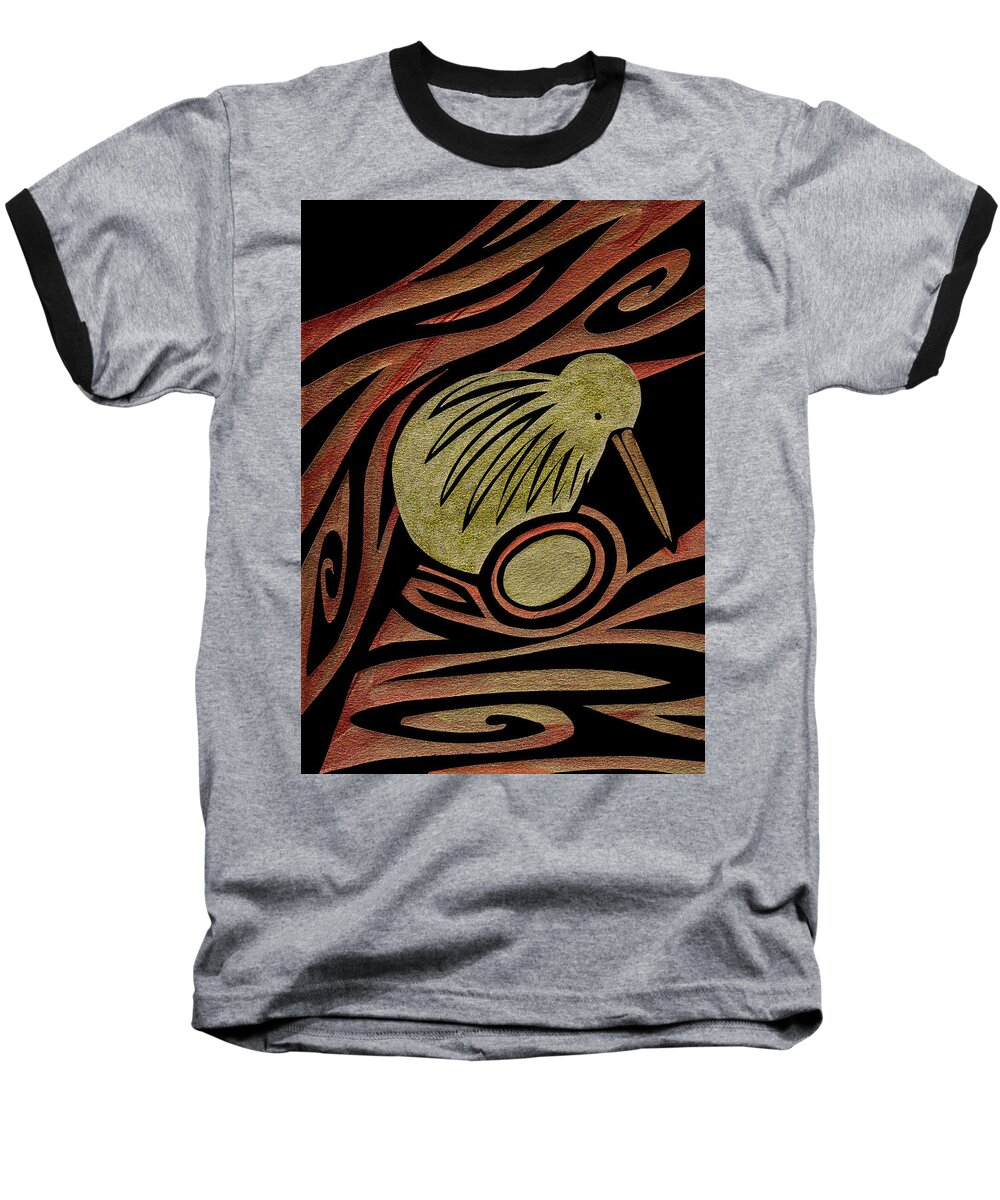 Kiwi Baseball T-Shirt featuring the mixed media Golden Kiwi by Roseanne Jones