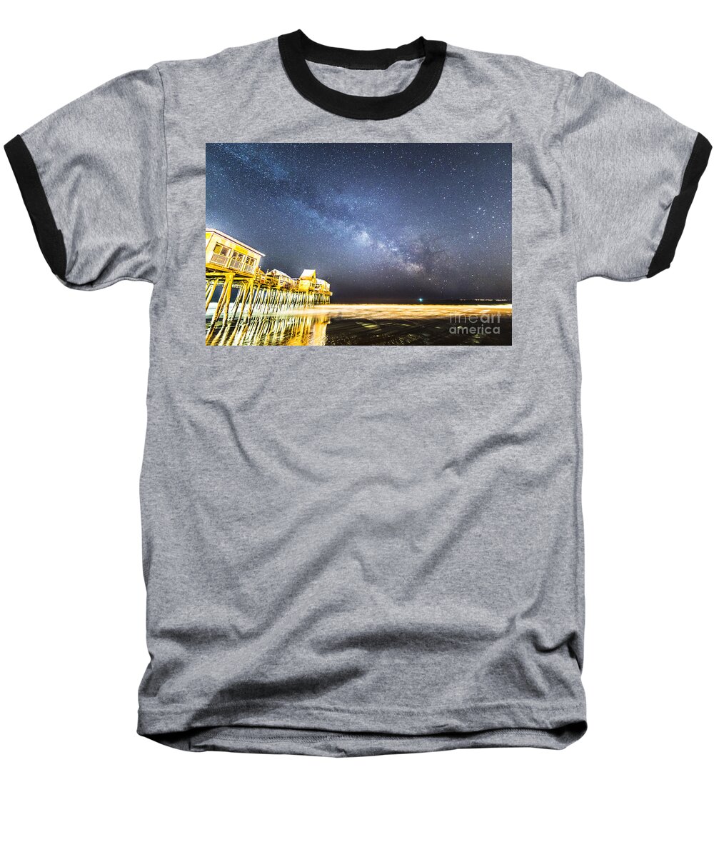 Old Orchard Beach Pier Baseball T-Shirt featuring the photograph Golden Pier Under the Milky Way version 1.0 by Patrick Fennell