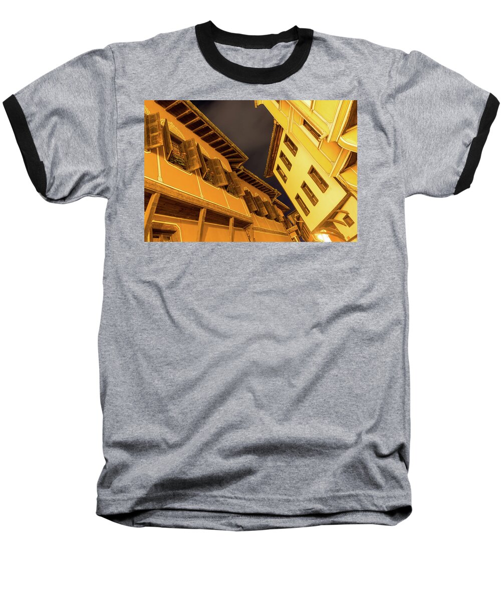 Georgia Mizuleva Baseball T-Shirt featuring the photograph Golden Yellow Night - Chic Zigzags of Oriel Windows and Serrated Roof Lines by Georgia Mizuleva