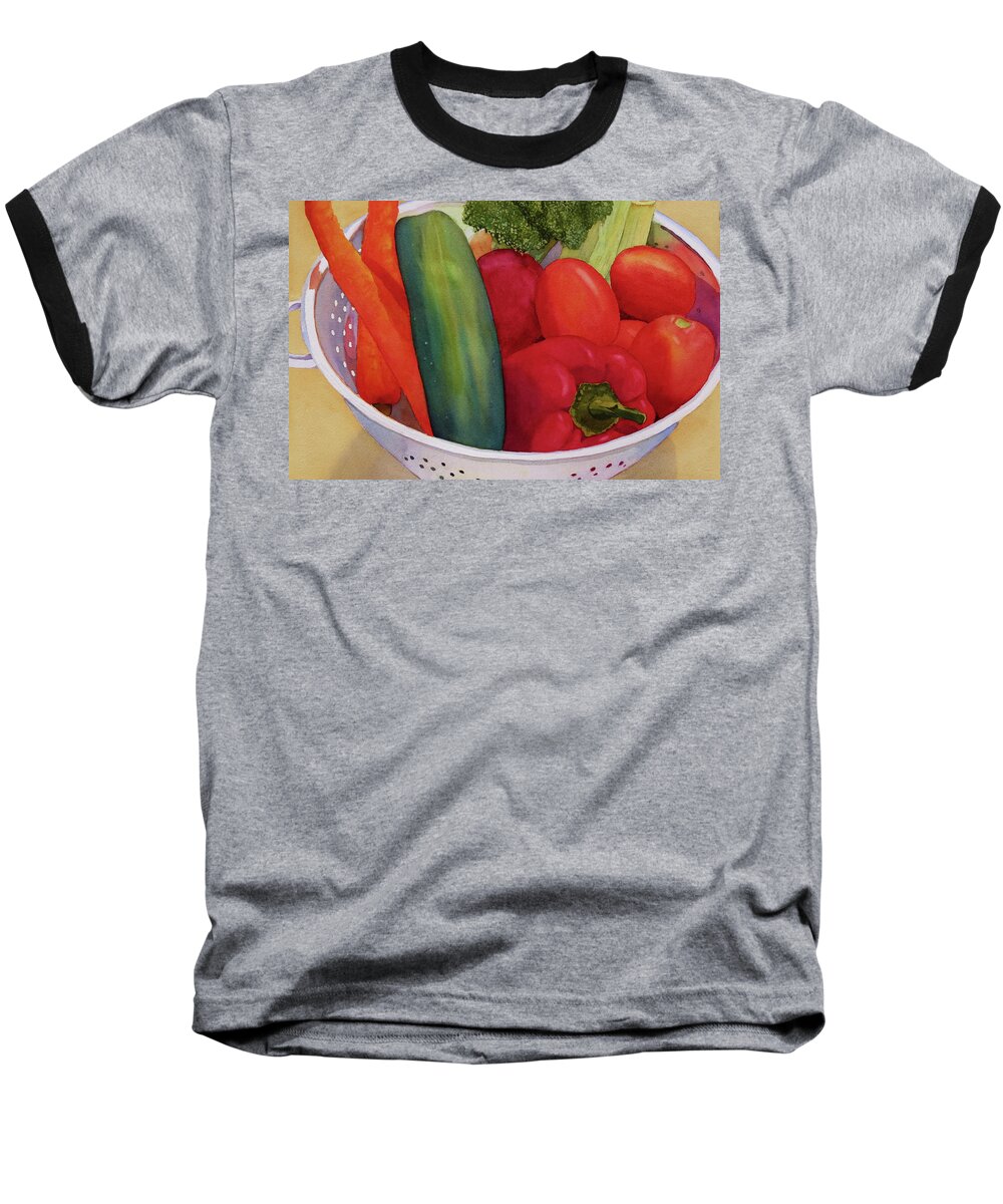 Vegetables Baseball T-Shirt featuring the painting Good Eats by Judy Mercer