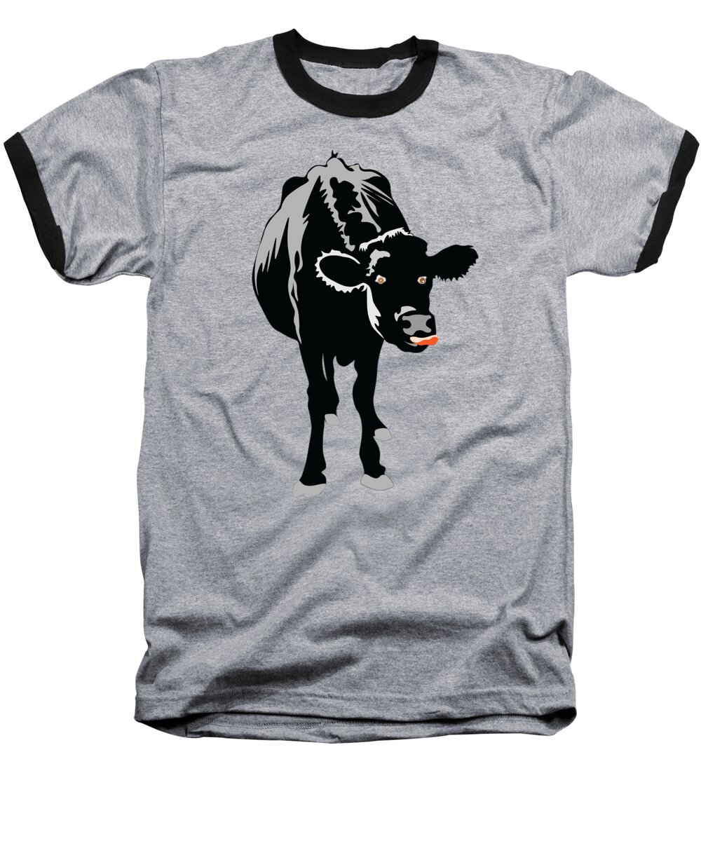 Licking Nose Baseball T-Shirt featuring the digital art Goofy looking Black cow licks her nose by Susan Vineyard