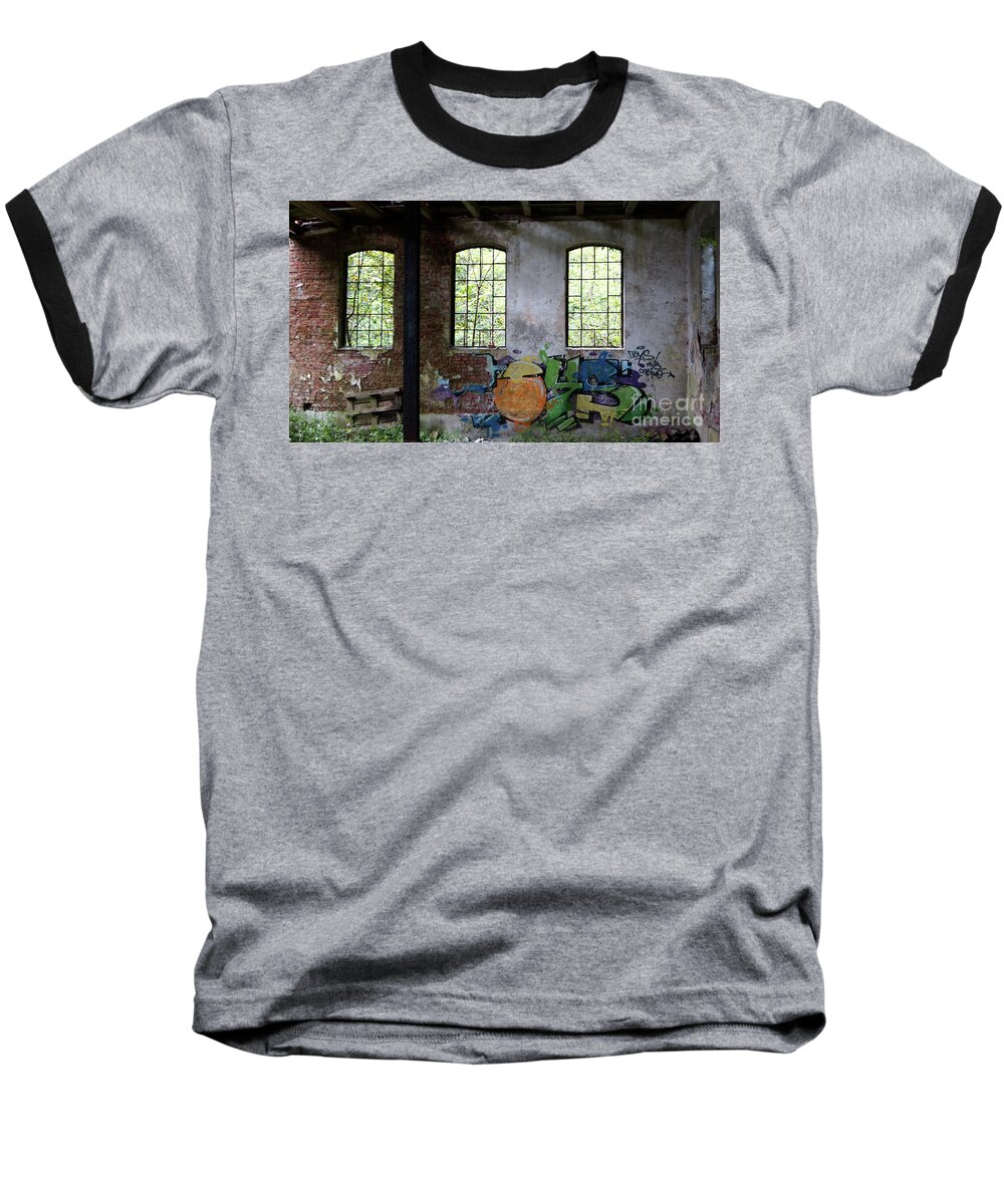 Factory Baseball T-Shirt featuring the photograph Graffiti on the walls of an old factory by Eva-Maria Di Bella