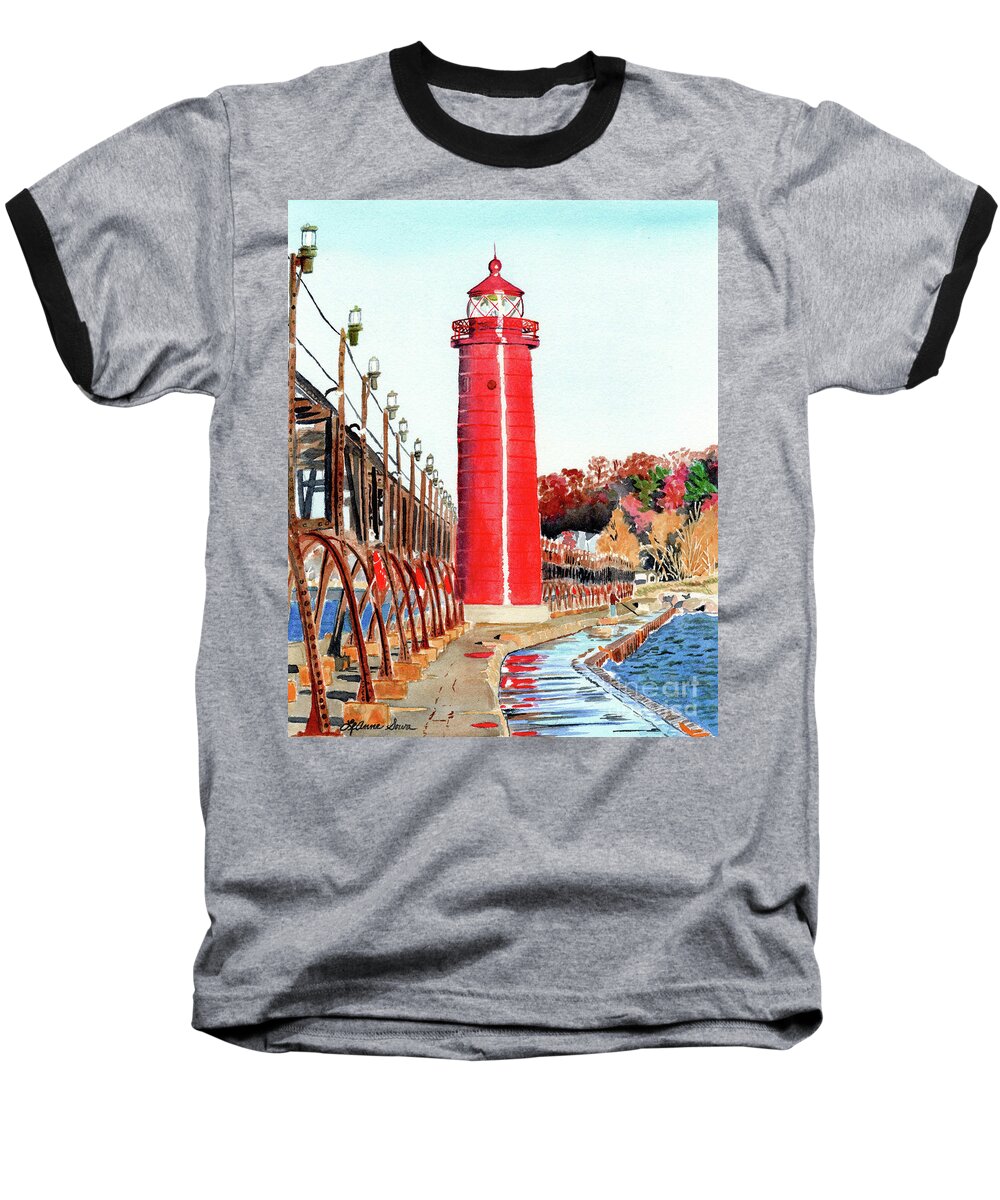 Lighthouse Paintings Baseball T-Shirt featuring the painting Grand Haven Autumn by LeAnne Sowa