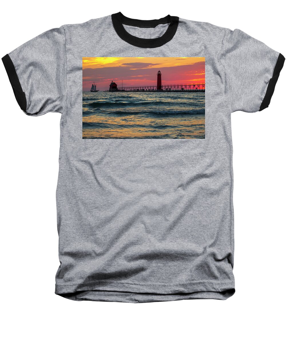 Pier Baseball T-Shirt featuring the photograph Grand Haven Pier Sail by Pat Cook