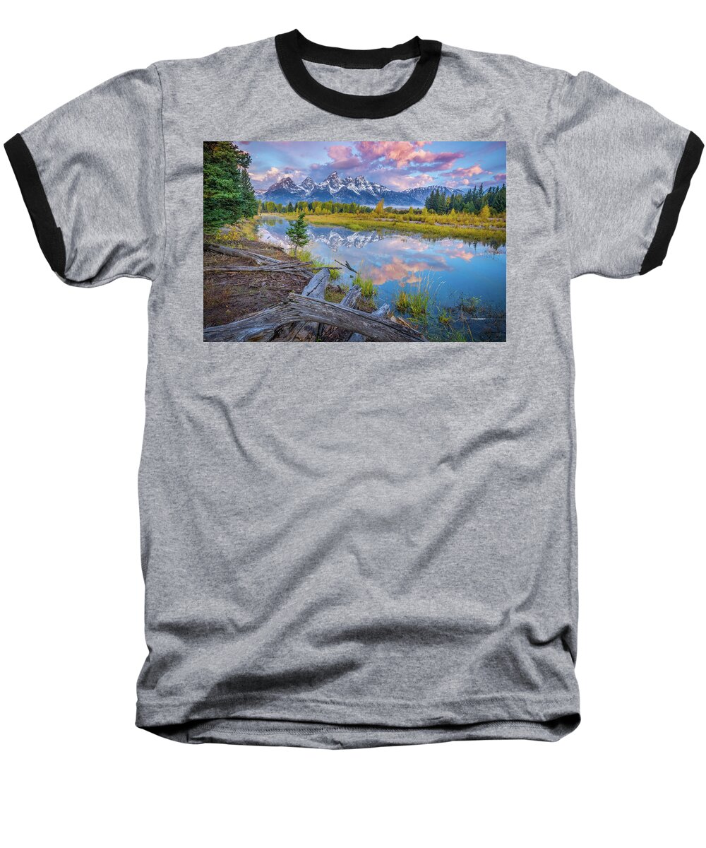 Adventure Baseball T-Shirt featuring the photograph Grand Teton Sunrise Reflection by Scott McGuire