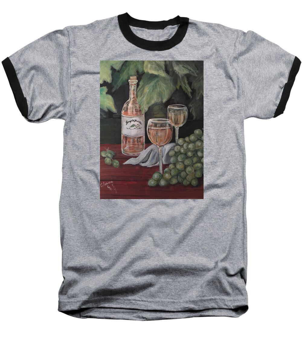 Green Grape Leaves And Grapes Surround A Bottle Of Wine With 2 Glasses. Grapes Baseball T-Shirt featuring the painting Grape Leaves and Wine by Charme Curtin