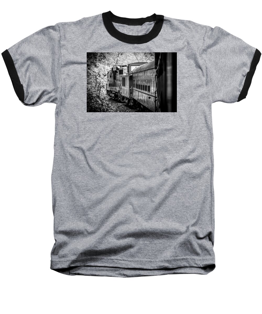 Kelly Hazel Baseball T-Shirt featuring the photograph Great Smokey Mountain Railroad Looking Out at the Train in Black and White by Kelly Hazel