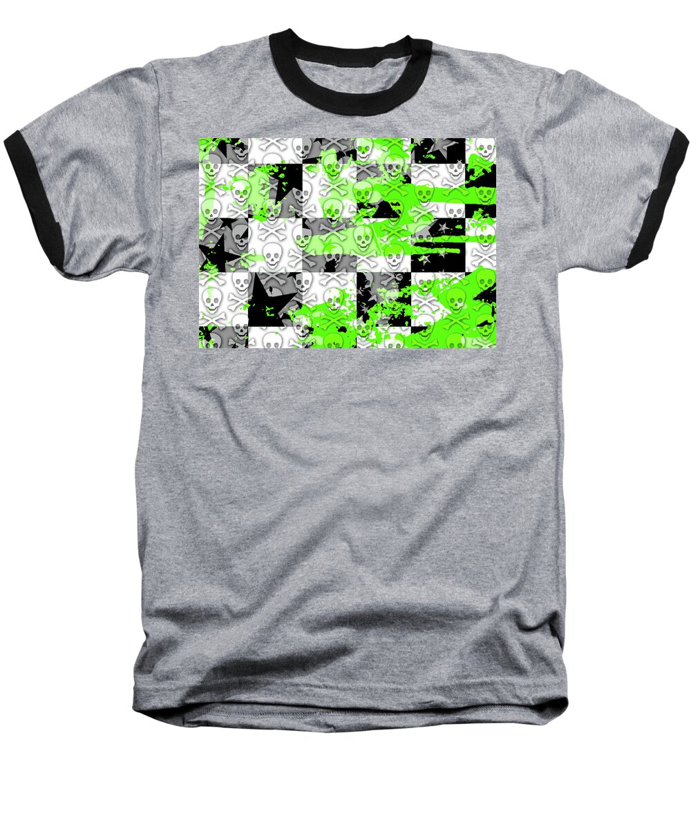 Green Baseball T-Shirt featuring the digital art Green Checker Skull Splatter by Roseanne Jones