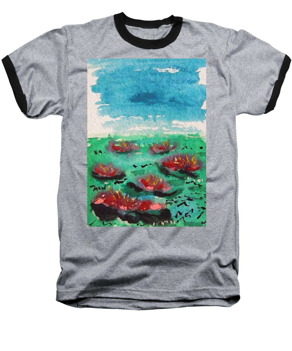 Green Pond With Many Flowers Baseball T-Shirt featuring the painting Green Pond with Many Flowers by Mary Carol Williams