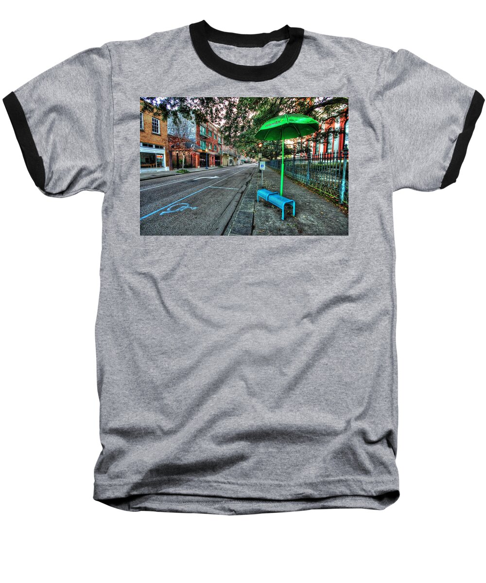 Alabama Baseball T-Shirt featuring the digital art Green Umbrella Bus Stop by Michael Thomas
